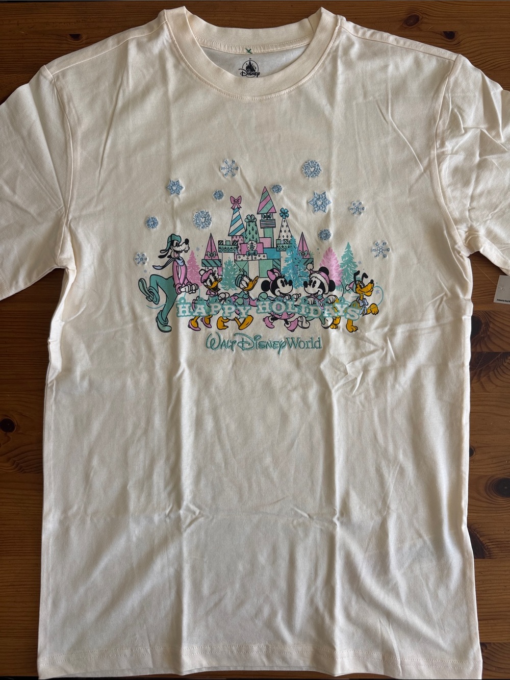 Disney Walt Disney World Cream Happy Holidays Castle & Characters Tee Shirt
